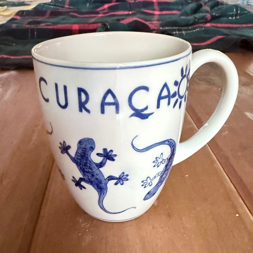 Heinen Delfts Blauw Curaçao Coffee Mug Blue White Lizard Gecko Dutch Pottery